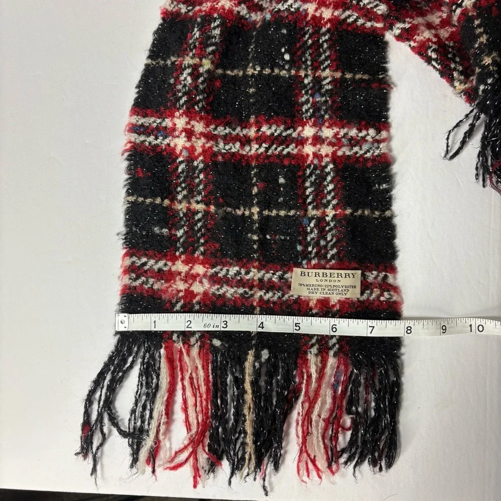 Burberry London Nova Check Black Red Merino Wool Blend Fringe Scarf - Picture 9 of 10